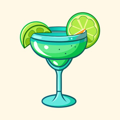Cartoon illustration of a refreshing green margarita cocktail with lime garnish