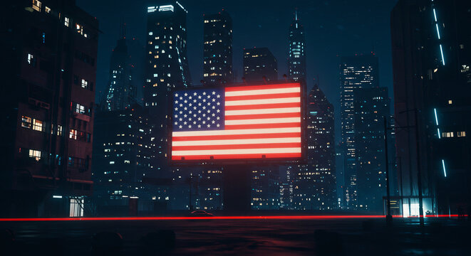 A glowing america flag displayed on a digital billboard in a quiet futuristic cityscape at nightin the city