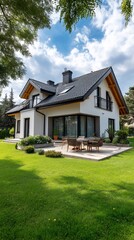 Modern house with a patio and lush lawn.  Exterior view of a spacious home with a deck, perfect for summer entertaining