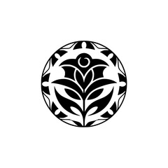 Black and white circular tribal floral pattern. Decorative ethnic Polynesian style design element or logo.
