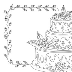 Elegant Tiered Cake Outline with Floral and Leaf Border. Black and White Line Art for Celebration, Wedding, Coloring Page