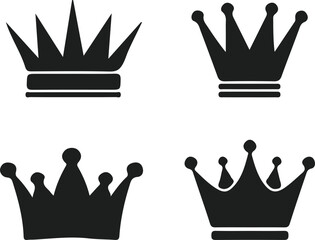 Black Crown Silhouette Icons Set – Royalty Symbols Collection in Bold Style for King, Queen, and Monarchy Design
