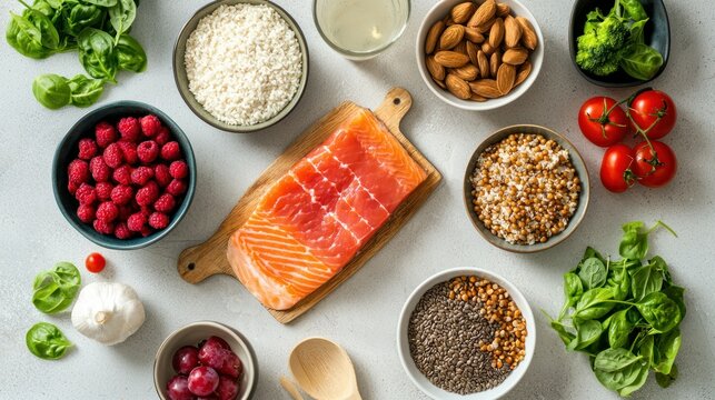 A kitchen countertop with a healthy meal plan for the week, including balanced and nutritious foods.