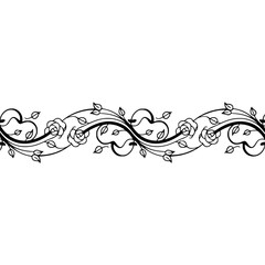 Classic Black Line Art Floral Vine Border with Roses. Elegant Horizontal Divider Design.