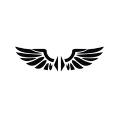 Clean vector logo black silhouette wings icon, geometric shapes, symmetrical design, centered on white. Minimalist style, emphasizing balance and visual clarity. Aviation or freedom theme