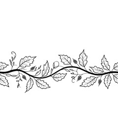 Fototapeta premium Organic Hand Drawn Vine Border Illustration with Leaves and Berries - Elegant Black and White Line Art Decoration