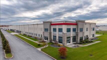 Obraz premium Modern industrial building complex with paved road, landscaping, and overcast sky