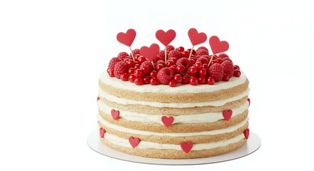Layered White Cake Adorned with Red Berries and Heart Shaped Toppers Isolated on a White Background Perfect for Culinary Blogs Baking Promotions and Festive Event Designs