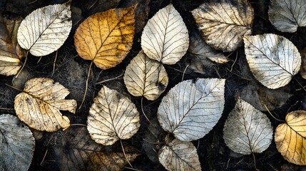 Fototapeta premium Autumn Dried Leaves on Dark Ground, Nature Texture Background
