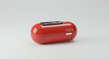 Glossy Red Capsule Container Isolated on White Background Showing Smooth Surface and Metallic Details with Clean Minimalist Design