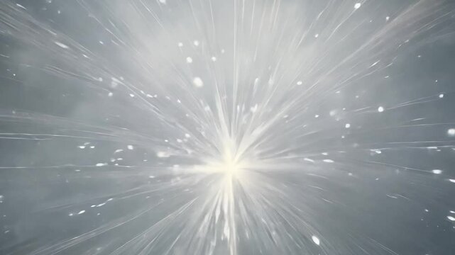 High angle video captures an explosion of cosmic stardust, a celestial burst of fire, glittering particles resembling stardust, muted silver background