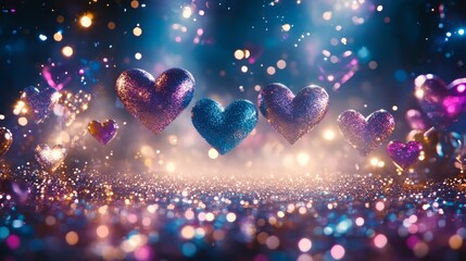 A vibrant abstract background filled with sparkling scattered purple, blue, and pink heart shapes on a deep blue backdrop, representing love, unity, and celebration of perfect for Valentine's Day
