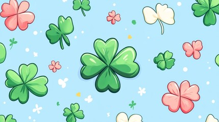 Cartoon illustration depicts clovers and small flower design on blue