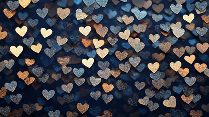 A vibrant abstract background filled with sparkling scattered purple, blue, and pink heart shapes on a deep blue backdrop, representing love, unity, and celebration of perfect for Valentine's Day