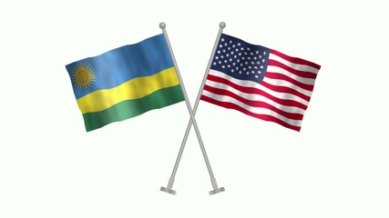 Flag of Rwanda and USA, Cross table flag of Rwanda and USA on white screen, Rwanda and USA 3D Animation flag waving in the wind isolated on white Background. 
