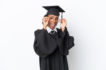 Young university graduate African American woman isolated on white background with glasses and...