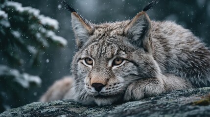 Fototapeta premium Majestic lynx rests serenely on a winter's rock.