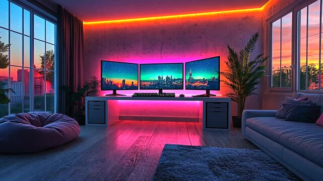 Modern gaming room with city view monitors, illuminated by neon lights.  Possible use for gaming or home entertainment