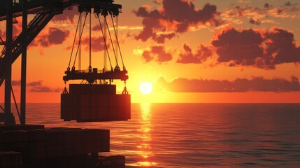Cargo ship unloading at sunset