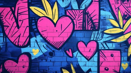 Pink hearts and geometric shapes painted on a blue brick wall