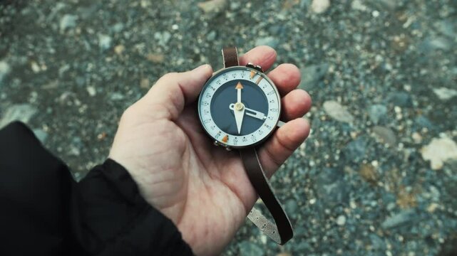First Person Holding Compass Over Rocky Ground