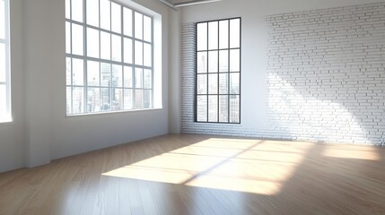 Bright empty room with large windows and light wood floor and white brick wall and sunlight streaming in