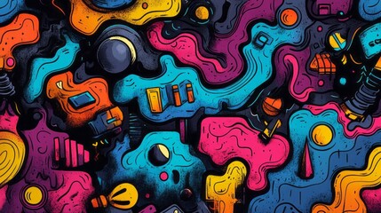 Colorful abstract illustration featuring random objects and organic shapes