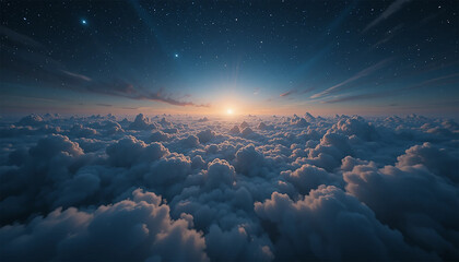 The sun shines brightly over a sea of fluffy clouds, creating a warm and serene atmosphere in the sky