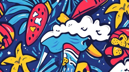Colorful pattern features stylized fruit clouds and animal designs