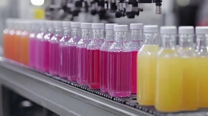 Automated Bottling Line: Colorful Beverage Production Process in Modern Factory