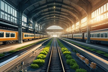 Obraz premium Dynamic Urban Train Station with Virtual Currency Trading Landscape