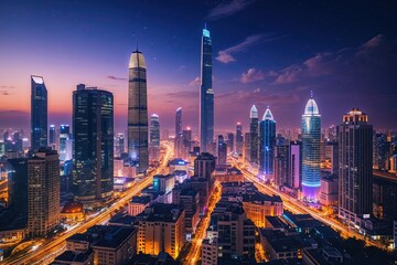 Obraz premium Stunning Urban Nightscape for Cryptocurrency Trading and Currency Market Analysis