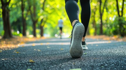 A person walking in a park while ensuring a safe distance from others, with ample space between joggers.