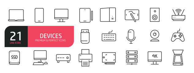 Set of line icons monitors, smart phone, tablets, laptops, electronic devices. Outline icons collection. Editable stroke. Vector illustration. stock illustration