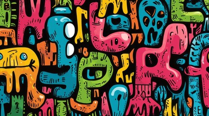 Obraz premium Colorful abstract cartoon creatures fill the frame in a dense pattern