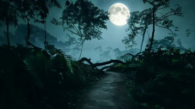 Under a dark halloween night sky, a full moon casts its moonlight upon a spooky landscape with silhouetted trees