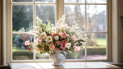 Floral arrangement with winter or early spring botanical plants and flowers idea