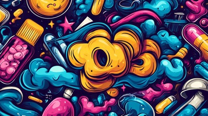 Obraz premium Vibrant medical themed cartoon pattern design with graffiti style