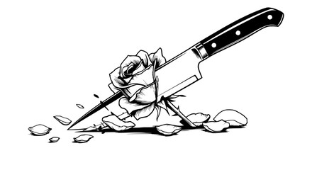 Chef knife piercing rose illustration, black and white, symbolic tattoo graphic design.