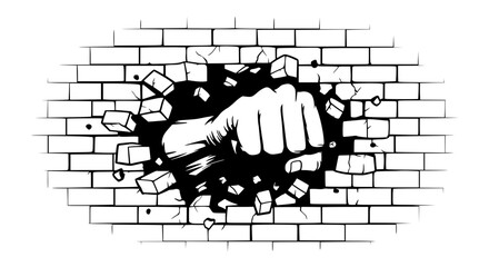 Fist breaking through brick wall illustration, black and white, symbolic graphic novel style.