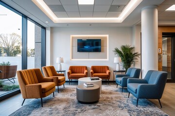 Fototapeta premium Inviting Office Waiting Area with Bright White Walls and Modern Upholstery Design