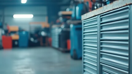 Obraz premium Workshop interior: The image captures the heart of mechanical craft, an indoor view of a workshop space featuring organized tools and a focus on functionality and mechanical precision. 