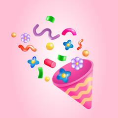 Fun, Festive 3d vector with colorful party popper, exploding plastic confetti , flowers and shapes on pink background. Suitable for birthday , holiday , event decoration and joyful creative projects.