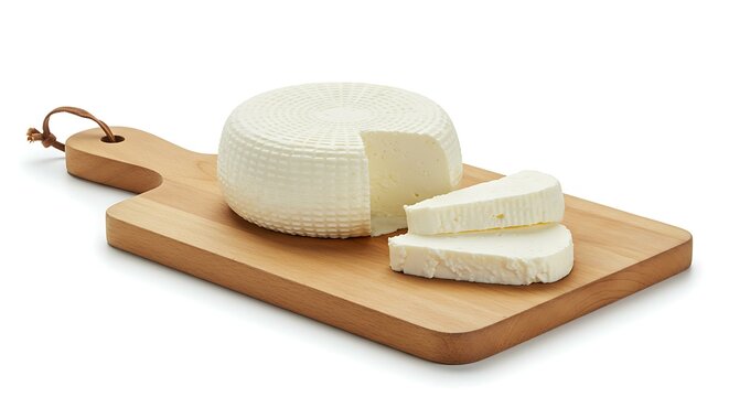 Requeijao de corte traditional brazilian country cream cheese over wooden board isolated over white background. Brazilian food