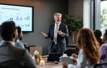 Confident Speaker Delivers Engaging Real Estate Market Presentation to Attentive Audience. Insights and Growth Strategies Shared.