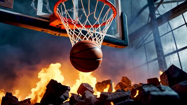 Basketball dunk with fire effects and debris flying in slow motion cinematic loop