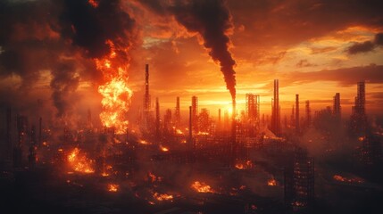 apocalyptic urban inferno a sprawling cityscape engulfed in flames and smoke a dystopian vision of industrial collapse and environmental disaster