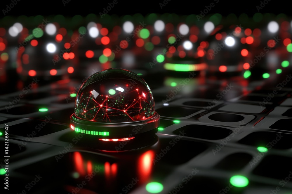 Poster futuristic network grid with glowing orbs displaying red and green light patterns in a dark setting