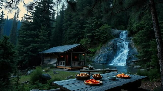 Cabin in Forest with Waterfall and Pine Trees