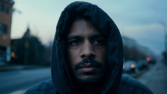 Zoom in with rotational twist focuses on a homeless person in an urban alley, their eyes locking onto the camera with cool dusk light